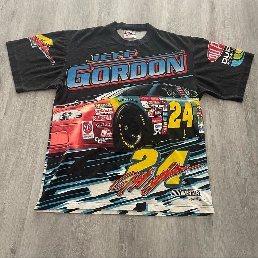 vintage 90s JEFF GORDON ALL-OVER PRINT T-Shirt Size Large AOP NASCAR RACING - Picture 1 of 5
